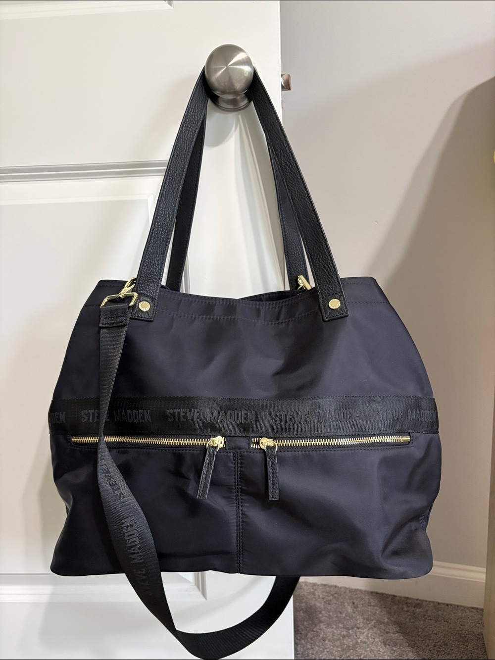 Steve Madden Nylon Tote Bag Logo Stripe Large Black